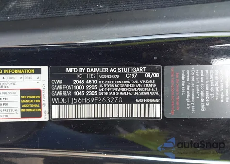 2009 Mercedes-Benz Clk 350 из США, поврежденный, VIN WDBTJ56H89F263270